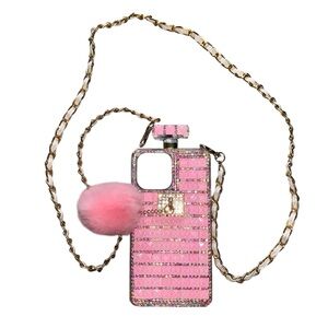 Pink Perfume bottle shaped phone case for iPhone 13 Pro Max with removable strap